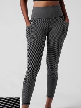 Athleta Salutation Stash Pocket II Striped 7/8 High Ride Tight Black White